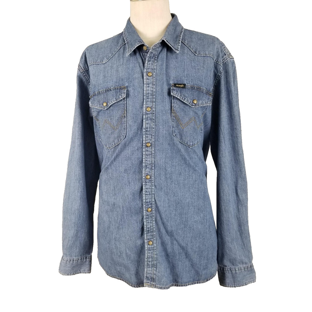 Wrangler Shirt Mens 2XL Blue Denim Pearl Snap Western Cowboy Rodeo Long Sleeve